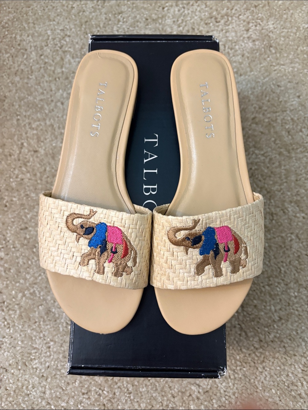 Talbots Beige Woven Slide Sandals with Colorful Embroidered Elephants